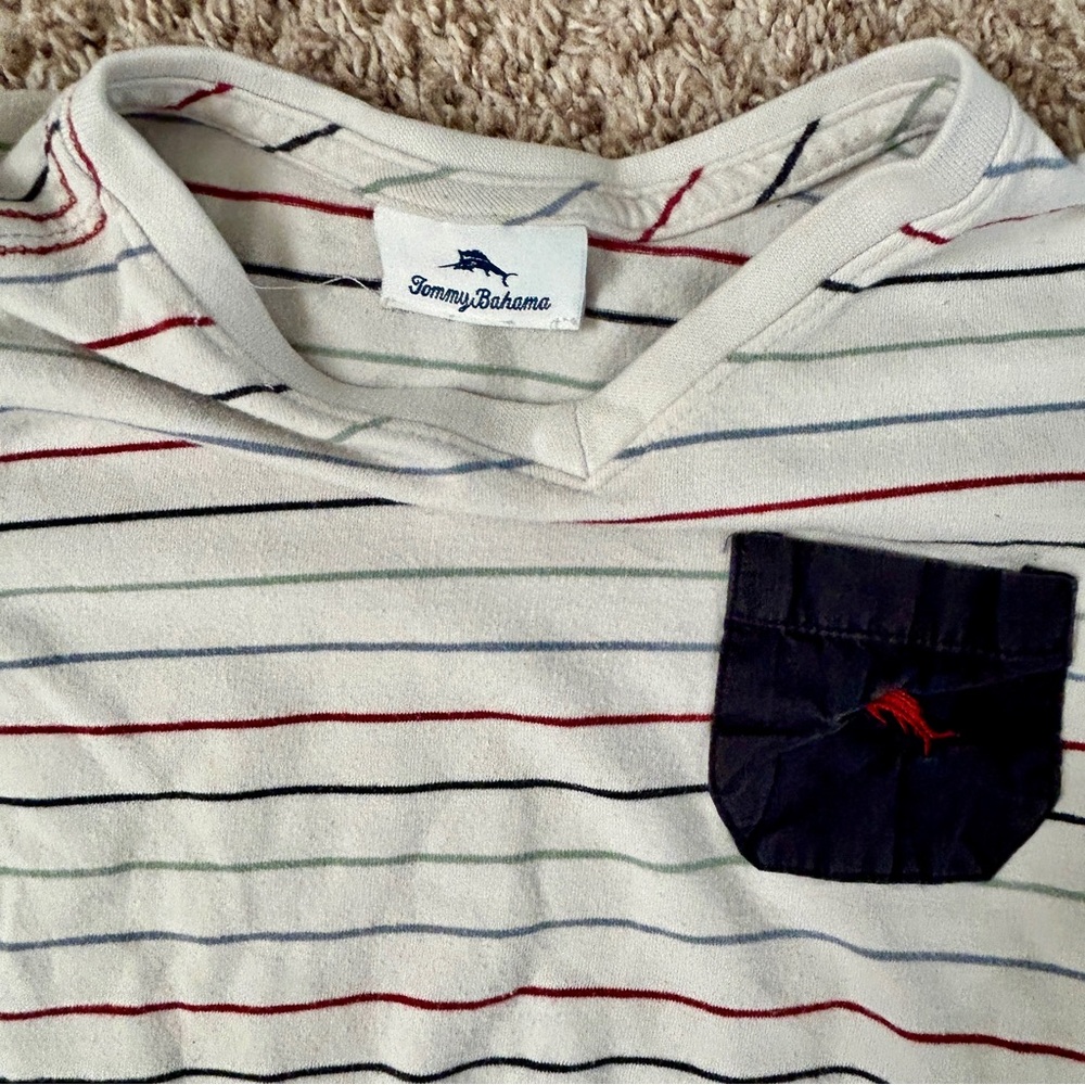 Tommy Bahama Toddler Multi Color Striped V-Neck Pocket T-Shirt I White Navy Red - Picture 4 of 4
